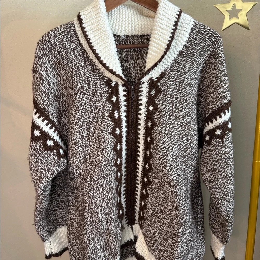 Vintage Hand Knit Lodge Sweater Nordic Zip Cardigan Oversized